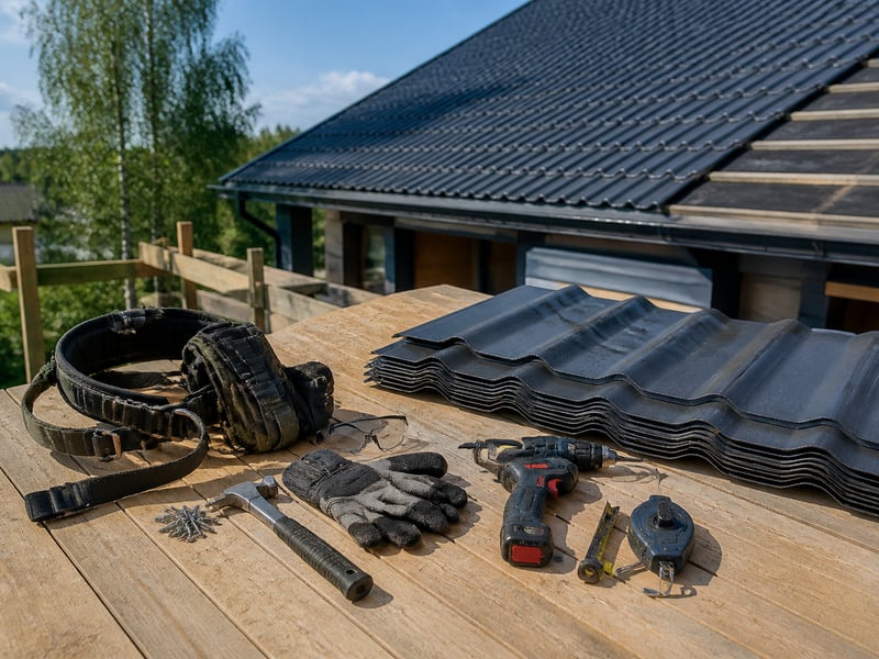 Что входит в смету: tools and materials laid out — Монтаж кровли из металлочерепицы